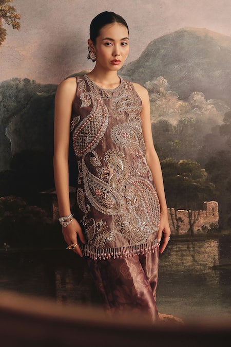 Payal & Zinal_Gold Tissue Sequins, Beads, Zari, Tassels Round Neck Paisley Kurta Set _Online_at_Aza_Fashions
