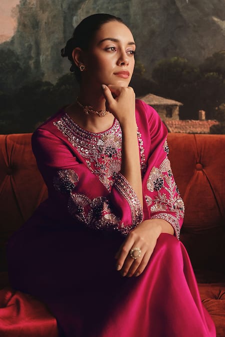 Payal & Zinal Embroidered Gaji Silk Midi Dress with Golden Embellishment 