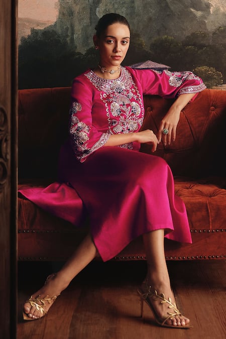 Payal & Zinal Embroidered Gaji Silk Midi Dress with Golden Embellishment 