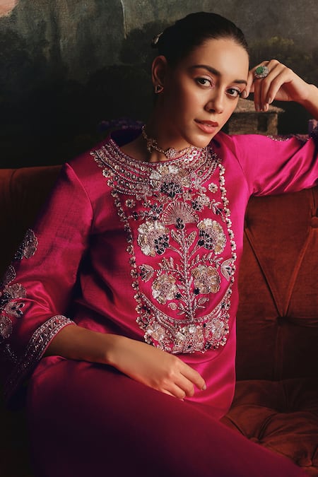 Buy_Payal & Zinal_Pink Silk Sequins, Beads, Embroidered Gaji Midi Dress With Golden Embellishment _Online_at_Aza_Fashions