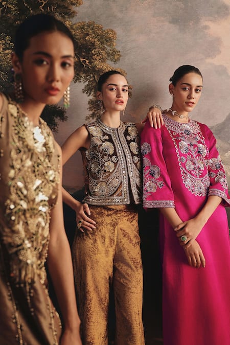 Shop_Payal & Zinal_Gold Velvet Zari, Sequins, Crystals, Fabric Embellished Top And Palazzo Set _Online_at_Aza_Fashions