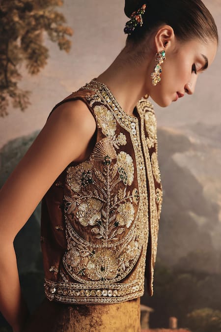 Payal & Zinal_Gold Velvet Zari, Sequins, Crystals, Fabric Embellished Top And Palazzo Set _at_Aza_Fashions