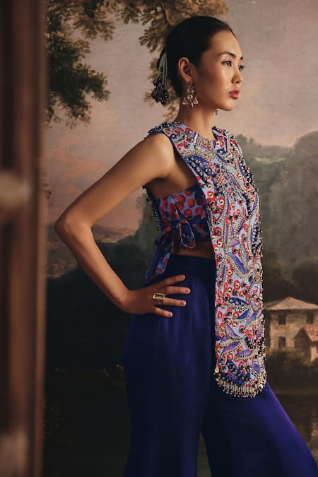 Buy_Payal & Zinal_Multi Color Silk, Twill Beads, Embroidered Printed Gaji Jacket With Bustier Set _Online_at_Aza_Fashions