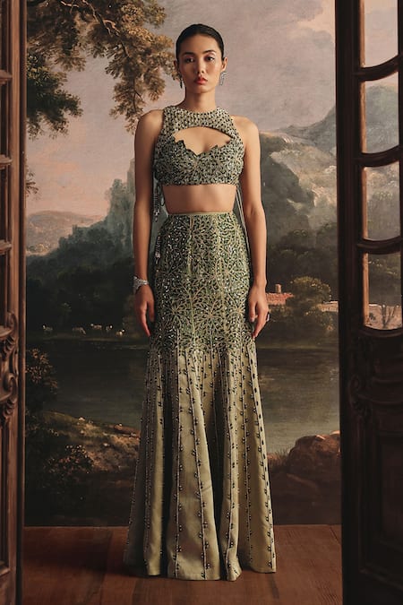 Payal & Zinal Embellished Halter Gaji Blouse & Skirt Set 