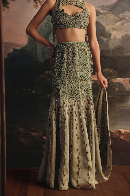 Payal & Zinal_Green Gaji Sequins, Beads, Zari, Crystals, Embellished Blouse And Skirt Set _Online_at_Aza_Fashions