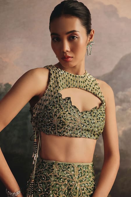 Buy_Payal & Zinal_Green Gaji Sequins, Beads, Zari, Crystals, Embellished Blouse And Skirt Set _Online_at_Aza_Fashions