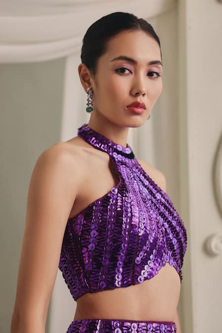 Buy_Payal & Zinal_Purple Net Sequins, Beads Halter Neck Embellished Blouse And Skirt Set _Online_at_Aza_Fashions