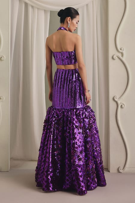 Payal & Zinal Embellished Halter Sequin Net Blouse & Skirt Set 