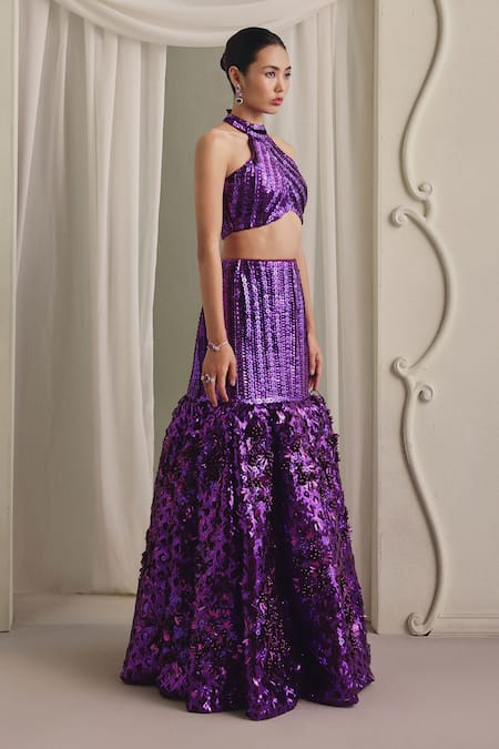 Payal & Zinal_Purple Net Sequins, Beads Halter Neck Embellished Blouse And Skirt Set _at_Aza_Fashions