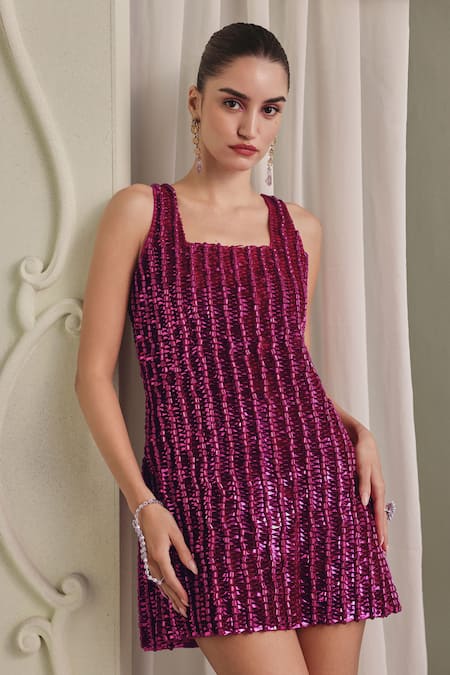 Payal & Zinal_Magenta Net Sequins, Ribbons Square Neck Structured Mini Dress _at_Aza_Fashions