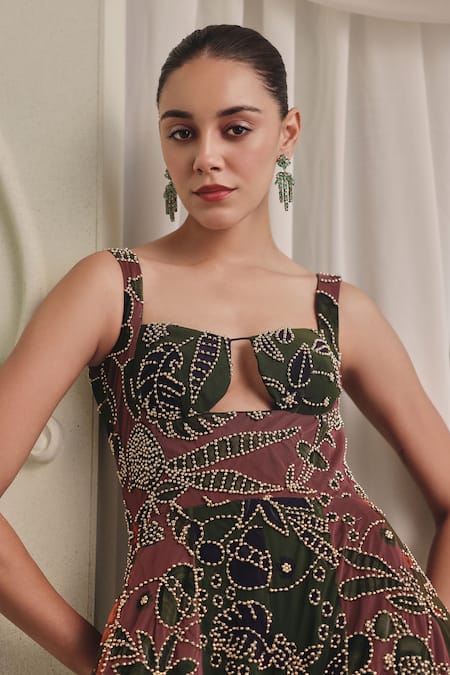 Payal & Zinal_Wine Net Sequins, Beads Embellished Floral Cut-out Floor-length Jumpsuit _Online_at_Aza_Fashions