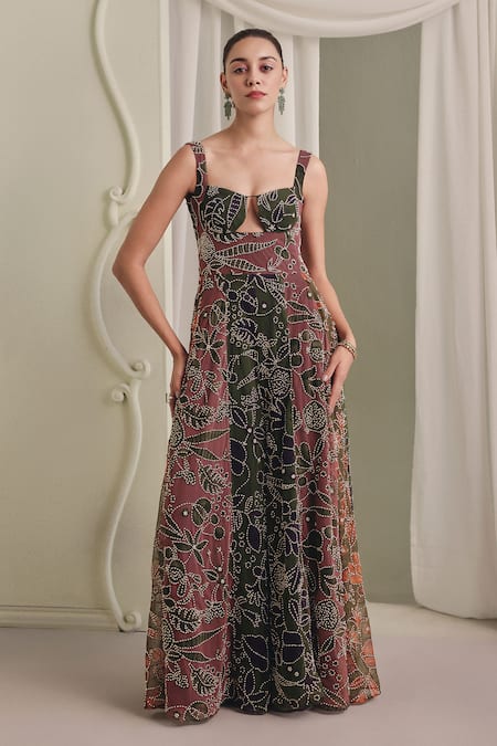 Payal & Zinal Bead Embellished Floral Net Cut-Out Floor-Length Jumpsuit 