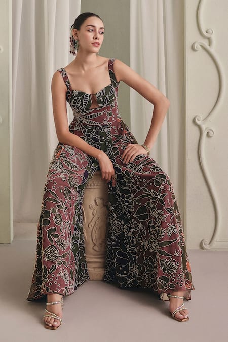 Payal & Zinal Bead Embellished Floral Net Cut-Out Floor-Length Jumpsuit 