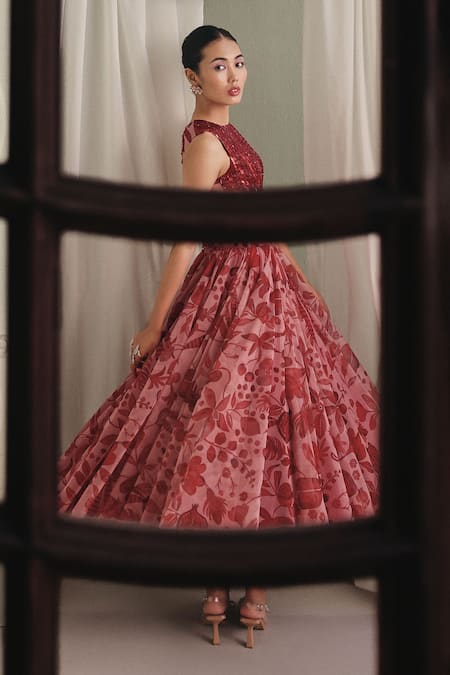 Buy_Payal & Zinal_Red Net Sequins High Neck Hand-embroidered Corset And Skirt Set _Online_at_Aza_Fashions