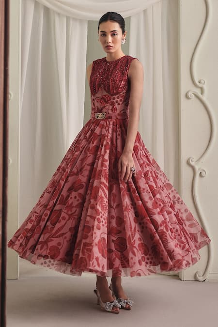 Shop_Payal & Zinal_Red Net Sequins High Neck Hand-embroidered Corset And Skirt Set _Online_at_Aza_Fashions