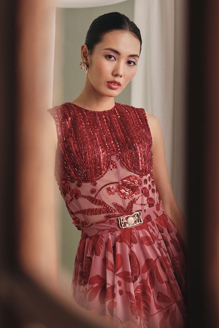 Payal & Zinal_Red Net Sequins High Neck Hand-embroidered Corset And Skirt Set _at_Aza_Fashions