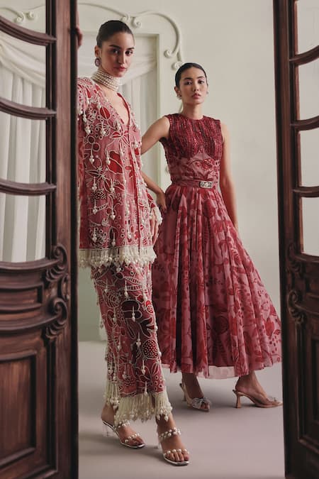 Shop_Payal & Zinal_White Net Pearls, Tassels, Fringe V-neck Jacket And Pant Set _Online_at_Aza_Fashions