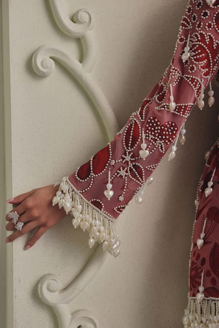 Payal & Zinal_White Net Pearls, Tassels, Fringe V-neck Jacket And Pant Set _at_Aza_Fashions