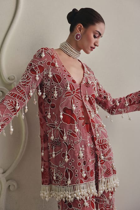 Buy_Payal & Zinal_White Net Pearls, Tassels, Fringe V-neck Jacket And Pant Set 