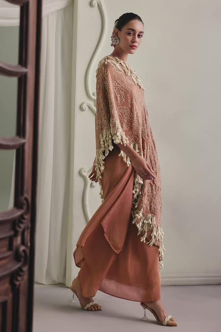 Payal & Zinal_Brown Satin, Tissue Beads, Pearls, Embroidered Mulburry Kurta And Skirt Set _Online_at_Aza_Fashions