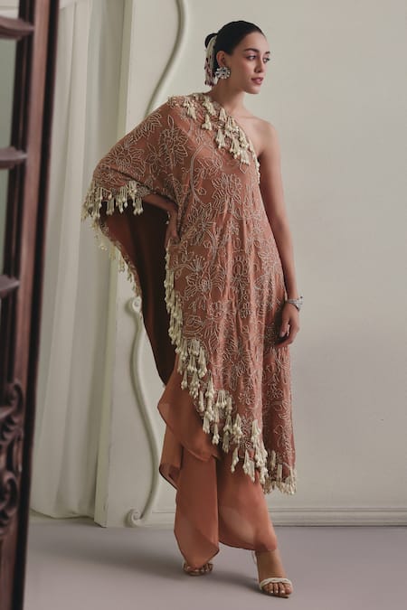 Buy_Payal & Zinal_Brown Satin, Tissue Beads, Pearls, Embroidered Mulburry Kurta And Skirt Set _Online_at_Aza_Fashions