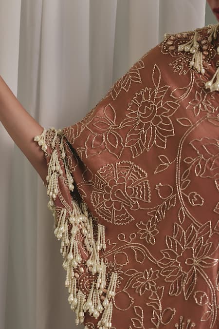 Payal & Zinal_Brown Satin, Tissue Beads, Pearls, Embroidered Mulburry Kurta And Skirt Set _at_Aza_Fashions