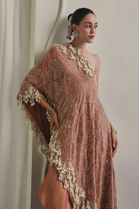 Buy_Payal & Zinal_Brown Satin, Tissue Beads, Pearls, Embroidered Mulburry Kurta And Skirt Set 