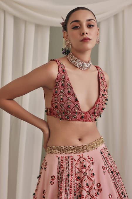 Payal & Zinal_Pink Net Beads, Zari V-neck Printed Freezy Twill Blouse And Lehenga Set _Online_at_Aza_Fashions