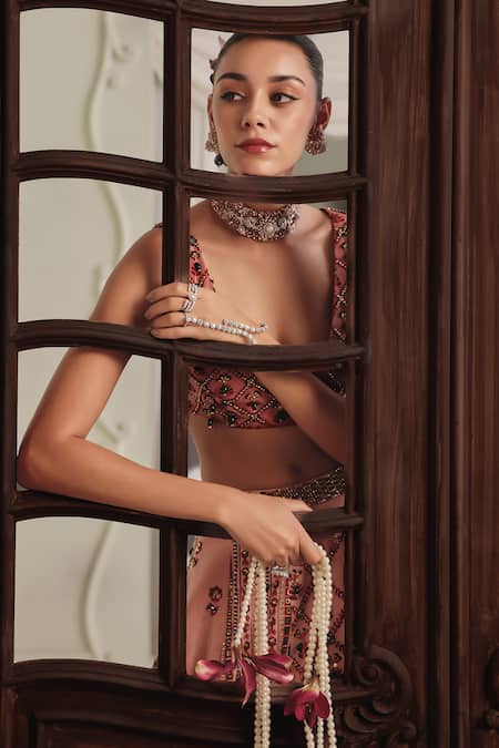Buy_Payal & Zinal_Pink Net Beads, Zari V-neck Printed Freezy Twill Blouse And Lehenga Set _Online_at_Aza_Fashions