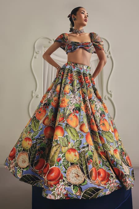 Buy_Payal & Zinal_Multi Color Silk, Net Sequins, Beads, Fusion Printed Gaji Blouse And Lehenga Set _Online_at_Aza_Fashions