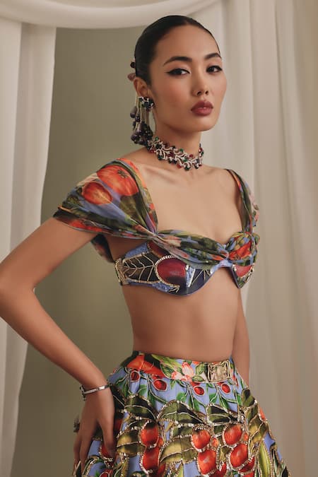 Shop_Payal & Zinal_Multi Color Silk, Net Sequins, Beads, Fusion Printed Gaji Blouse And Lehenga Set _Online_at_Aza_Fashions