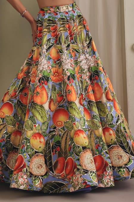 Payal & Zinal_Multi Color Silk, Net Sequins, Beads, Fusion Printed Gaji Blouse And Lehenga Set _at_Aza_Fashions