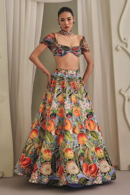 Buy_Payal & Zinal_Multi Color Silk, Net Sequins, Beads, Fusion Printed Gaji Blouse And Lehenga Set 