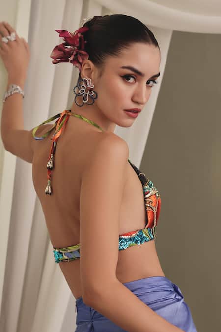 Buy_Payal & Zinal_Green Silk Satin Hand-embroidered Bustier And Draped Skirt Set Mulberry _Online_at_Aza_Fashions