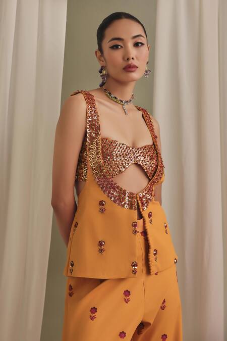 Payal & Zinal_Yellow Twill Sequins, Beads Sweetheart Frezzy Bustier Set With Jacket And Pant _Online_at_Aza_Fashions