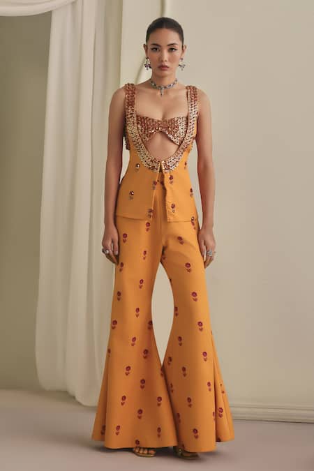 Payal & Zinal_Yellow Twill Sequins, Beads Sweetheart Frezzy Bustier Set With Jacket And Pant _at_Aza_Fashions