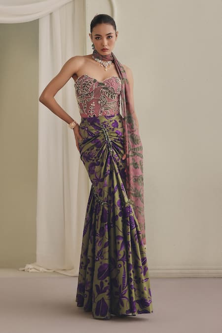 Payal & Zinal Beaded Embroidered Printed Net Corset & Skirt Set 