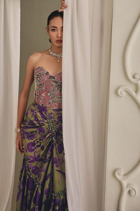 Shop_Payal & Zinal_Pink Net Beads, Stones Sweetheart Beaded Embroidered Printed Corset And Skirt Set _Online_at_Aza_Fashions