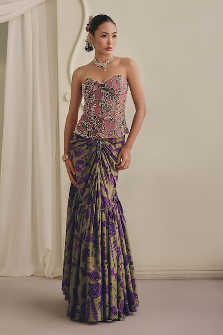 Buy_Payal & Zinal_Pink Net Beads, Stones Sweetheart Beaded Embroidered Printed Corset And Skirt Set 