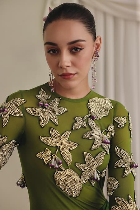 Buy_Payal & Zinal_Olive Green Net, Satin Applique High Neck Mulberry Bodysuit And Draped Skirt Set _Online_at_Aza_Fashions