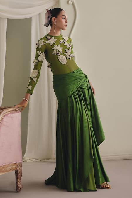 Shop_Payal & Zinal_Olive Green Net, Satin Applique High Neck Mulberry Bodysuit And Draped Skirt Set _Online_at_Aza_Fashions