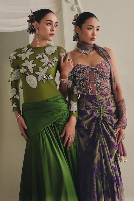 Buy_Payal & Zinal_Olive Green Net, Satin Applique High Neck Mulberry Bodysuit And Draped Skirt Set 