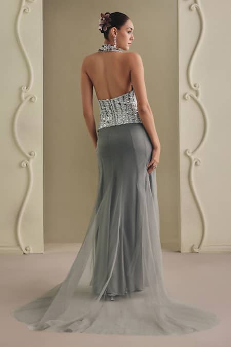 Payal & Zinal Embellished Halter Net Blouse & Mermaid Skirt Set 