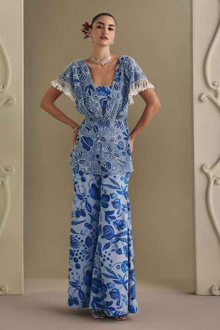 Payal & Zinal Pearl-Embellished Printed Net Freezy Twill Bustier Set 