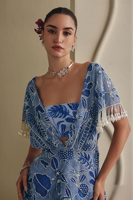 Buy_Payal & Zinal_Blue Net, Twill Pearls Square Pearl-embellished Printed Freezy Bustier Set _Online_at_Aza_Fashions