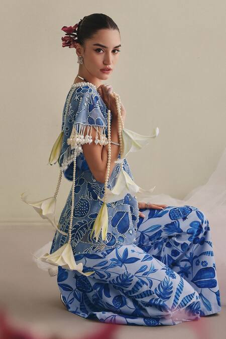 Payal & Zinal_Blue Net, Twill Pearls Square Pearl-embellished Printed Freezy Bustier Set _at_Aza_Fashions