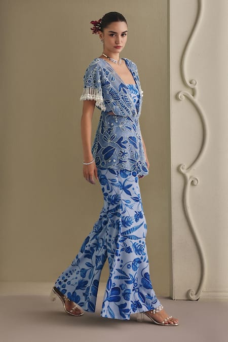 Buy_Payal & Zinal_Blue Net, Twill Pearls Square Pearl-embellished Printed Freezy Bustier Set 