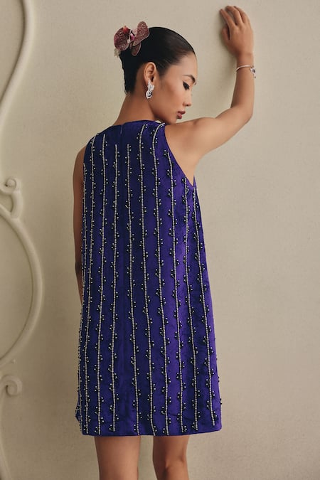 Payal & Zinal 3D Floral Embellished Velvet Sleeveless Mini Dress 