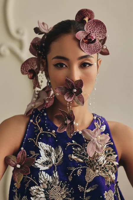 Payal & Zinal_Blue Velvet Embroidery, Sequins, 3d Floral Embellished Sleeveless Mini Dress _at_Aza_Fashions