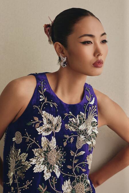 Buy_Payal & Zinal_Blue Velvet Embroidery, Sequins, 3d Floral Embellished Sleeveless Mini Dress 